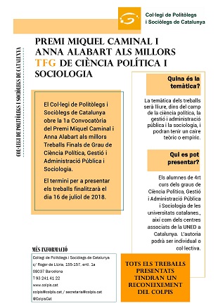 PREMI MIQUEL CAMINAL I ANNA ALABART ALS MILLORS TFG DE CIÈNCIA POLÍTICA I SOCIOLOGIA