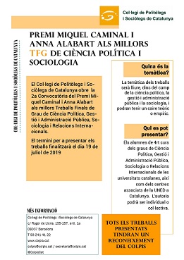 II EDICIÓ DELS PREMIS MIQUEL CAMINAL I ANNA ALABART. Als millors TFG de Ciència Política, Sociologia, Gestió i Administració Pública i Relacions Internacionals